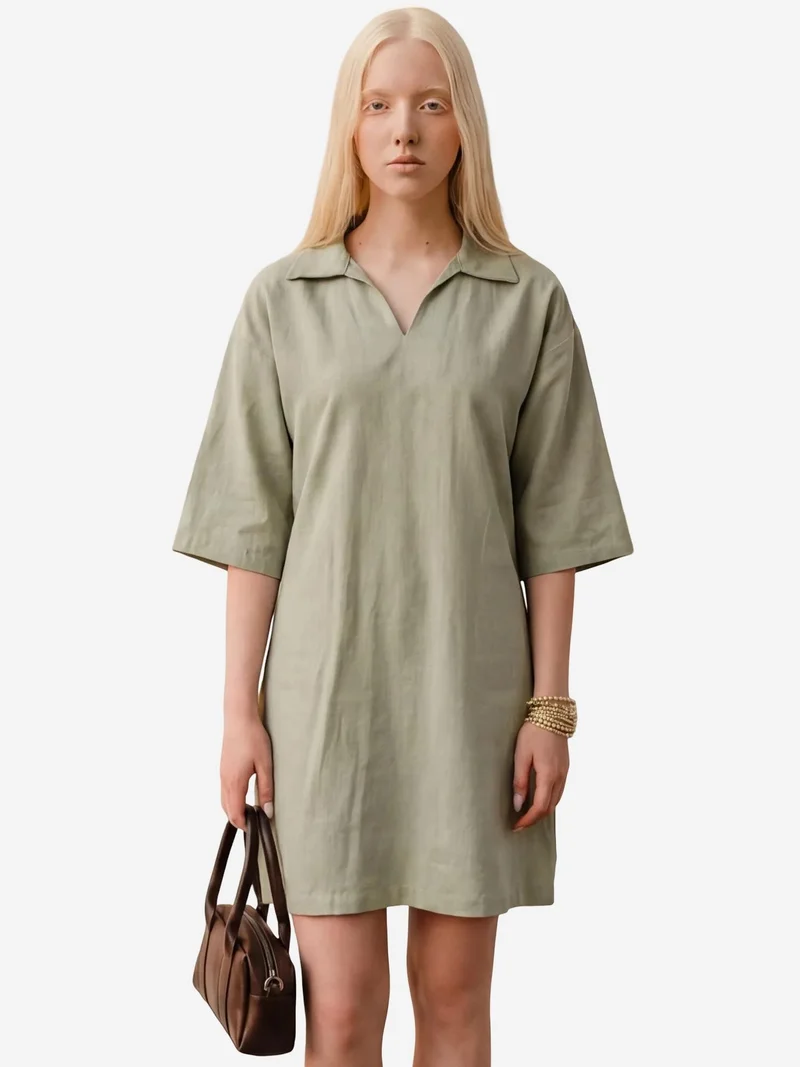 MY FASHION Polo Collar Mini Dress with Three Quarter Sleeves